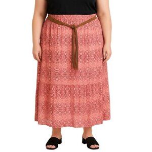 Faded Glory Pink Patterned Half Lined Elastic Waist Belted Skirt Plus Size XXL
